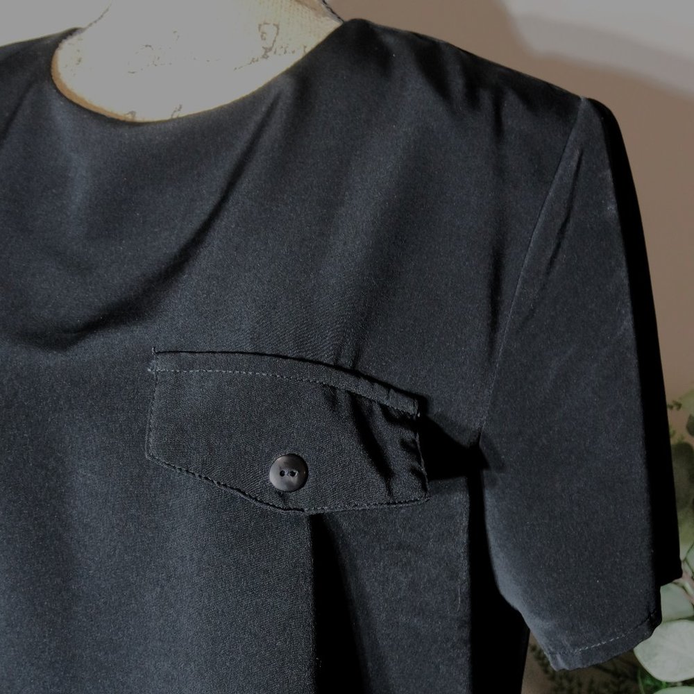 Vintage MAGGIE SWEET Solid Black Short Sleeve Women's Dress Shirt Shoulder Pads